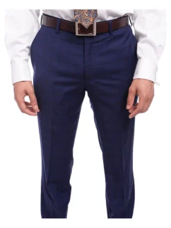 Napoli Slim Fit Blue Plaid Windowpane Two Button Half Canvassed 100% Wool Suit