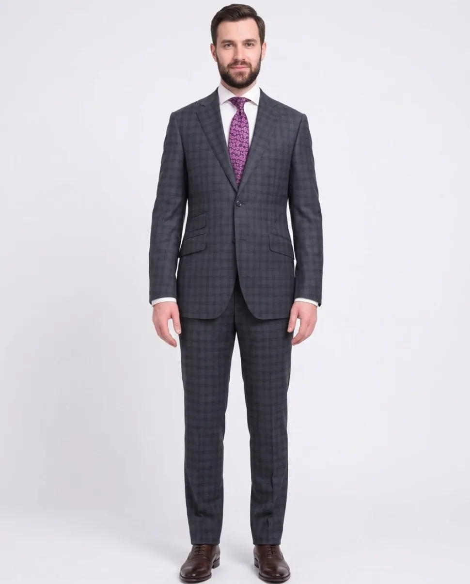 Napoli Slim Fit Blue Plaid Windowpane Half Canvassed Super 150's Wool Suit