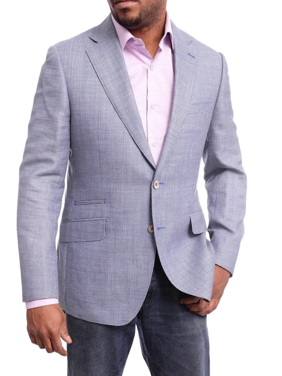 Napoli Slim Fit Blue Textured Two Button Half Canvassed Linen Blazer Sportcoat