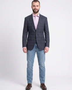 Napoli Slim Fit Blue With Navy Windowpane Half Canvassed Wool Blazer Sportcoat