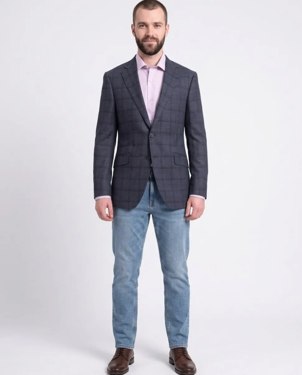 Napoli Slim Fit Blue With Navy Windowpane Half Canvassed Wool Blazer Sportcoat