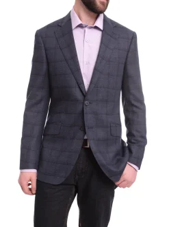 Napoli Slim Fit Blue With Navy Windowpane Half Canvassed Wool Blazer Sportcoat