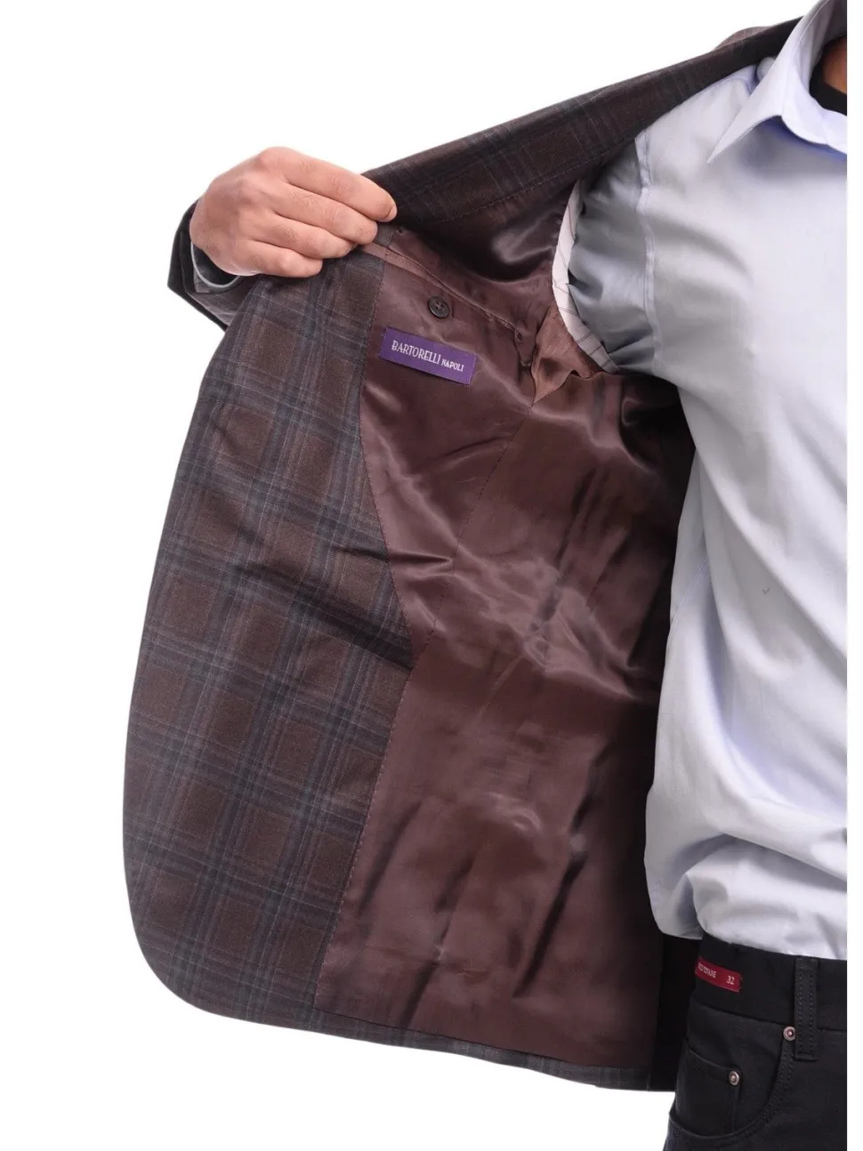 Napoli Slim Fit Brown & Blue Plaid Half Canvassed Reda Wool Blazer Sportcoat