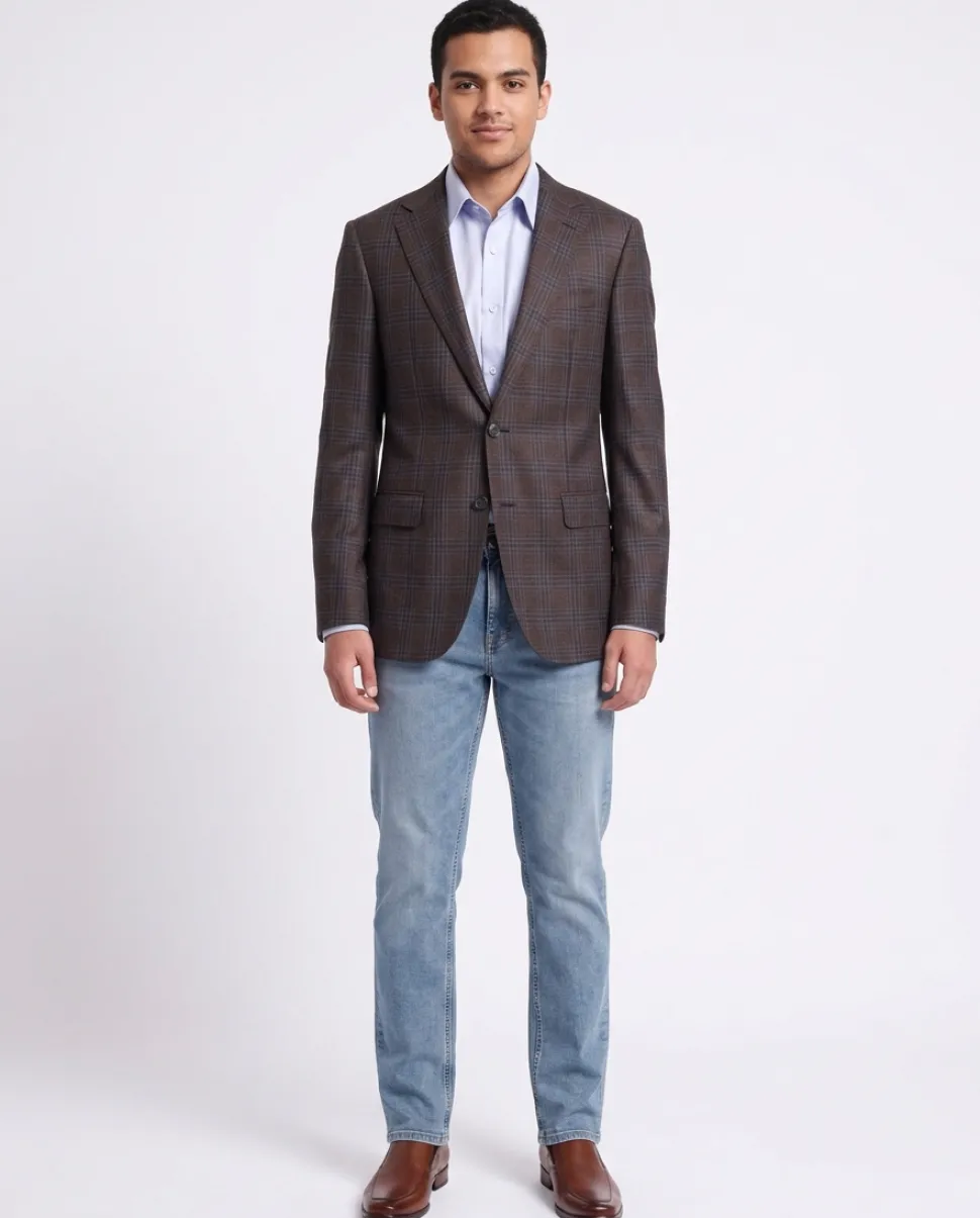 Napoli Slim Fit Brown & Blue Plaid Half Canvassed Reda Wool Blazer Sportcoat
