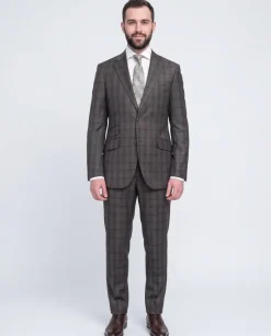 Napoli Slim Fit Brown Glen Plaid Half Canvassed Reda Wool Suit Slanted Pockets