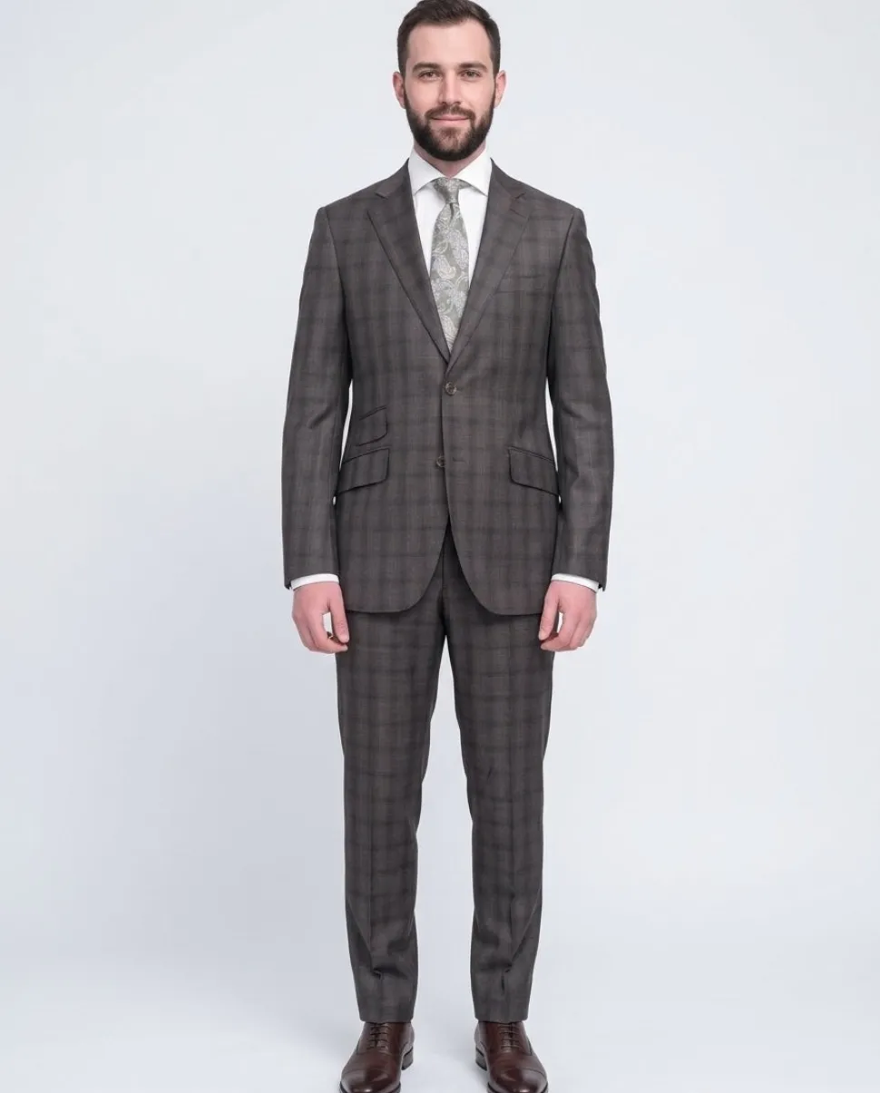 Napoli Slim Fit Brown Glen Plaid Half Canvassed Reda Wool Suit Slanted Pockets