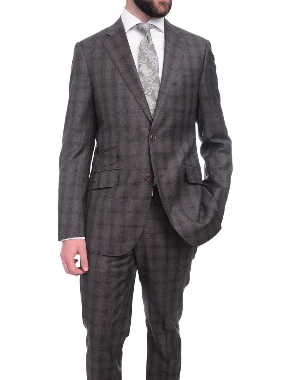 Napoli Slim Fit Brown Glen Plaid Half Canvassed Reda Wool Suit Slanted Pockets