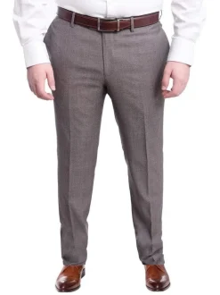 Napoli Slim Fit Brown Herringbone Flat Front Wool Dress Pants