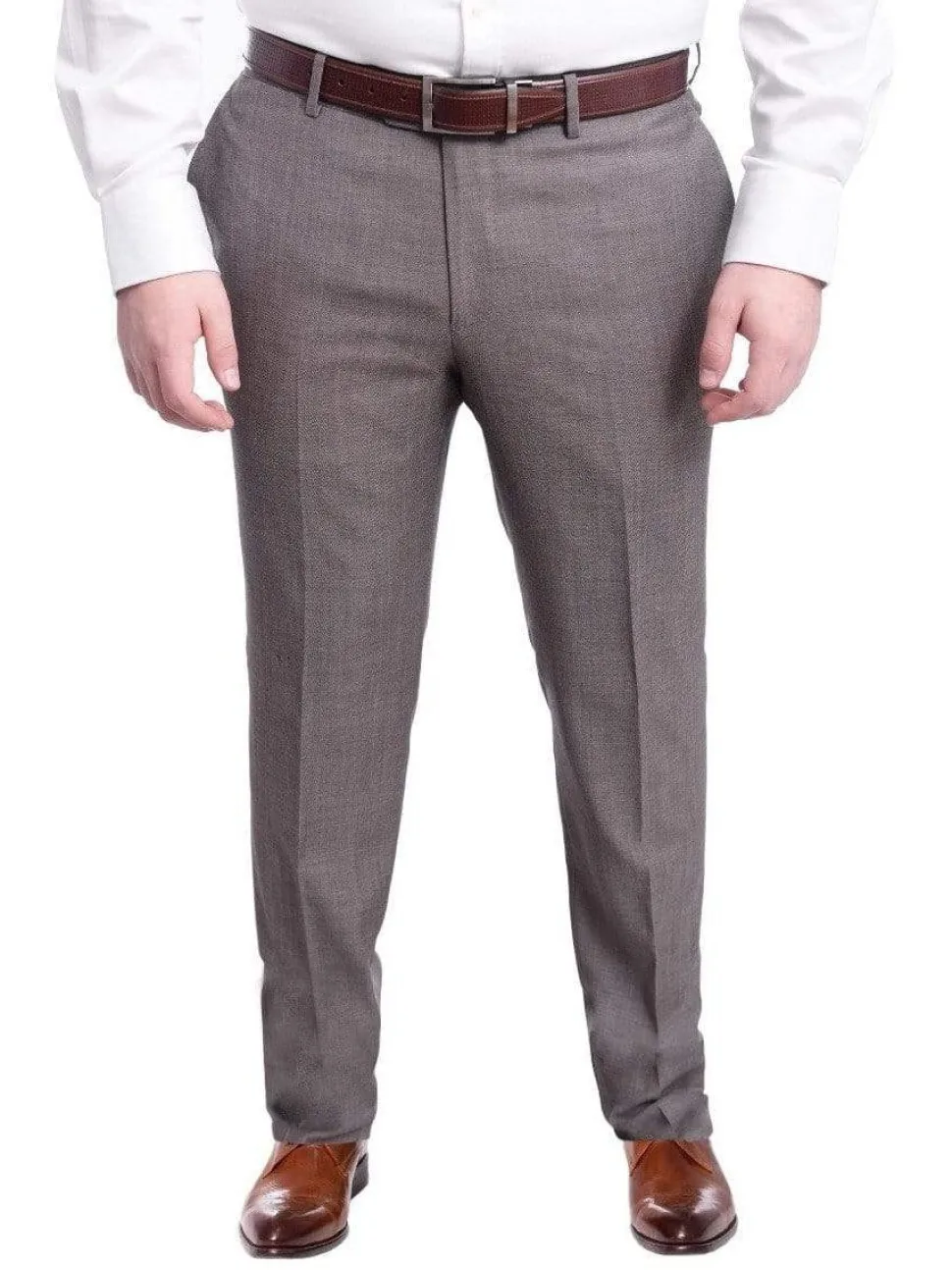 Napoli Slim Fit Brown Herringbone Flat Front Wool Dress Pants
