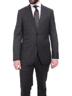 Napoli Slim Fit Charcoal Gray & Purple Plaid Half Canvassed Super 150s Wool Suit