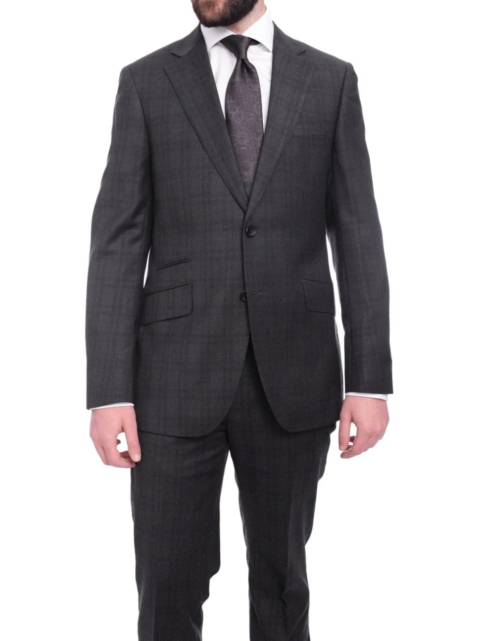 Napoli Slim Fit Charcoal Gray & Purple Plaid Half Canvassed Super 150s Wool Suit