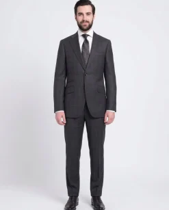 Napoli Slim Fit Charcoal Gray & Purple Plaid Half Canvassed Super 150s Wool Suit