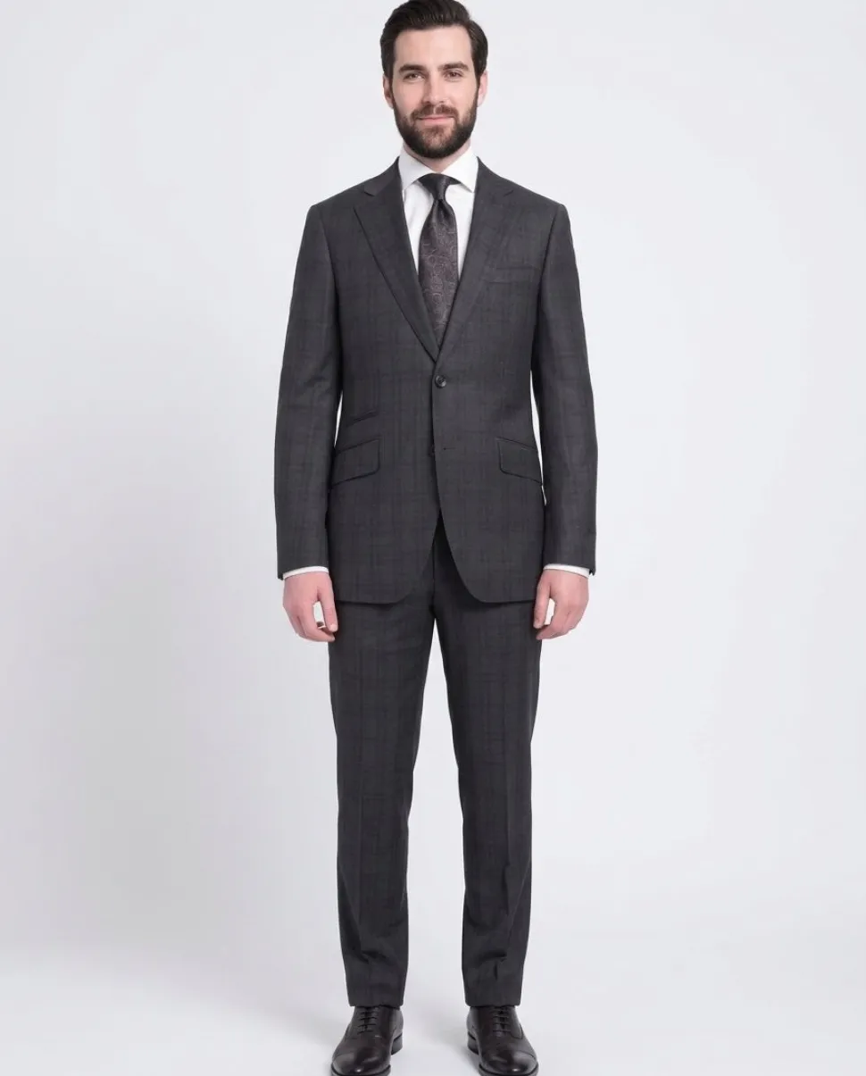 Napoli Slim Fit Charcoal Gray & Purple Plaid Half Canvassed Super 150s Wool Suit