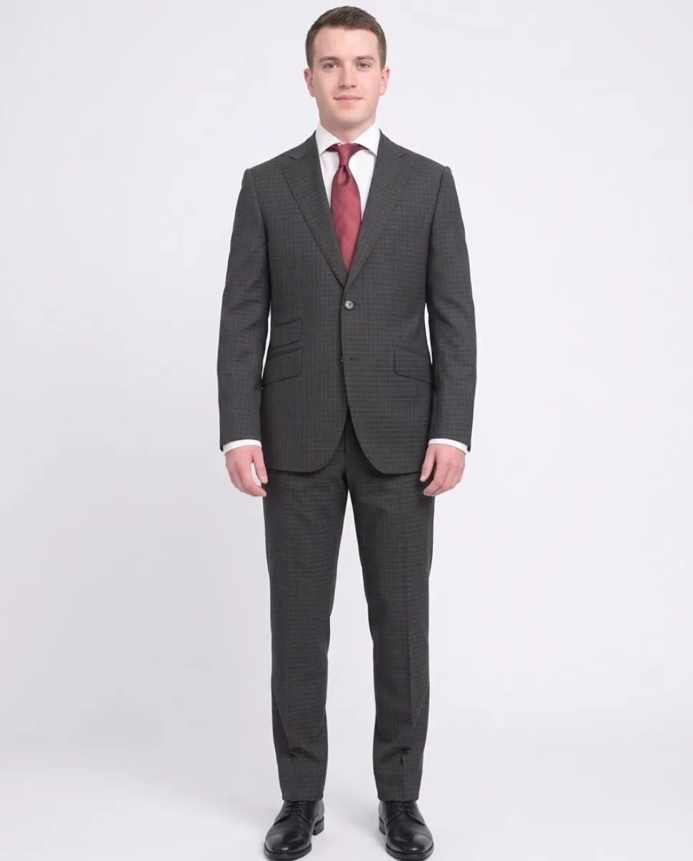 Napoli Slim Fit Charcoal Gray Check Two Button Half Canvassed Tollegno Wool Suit
