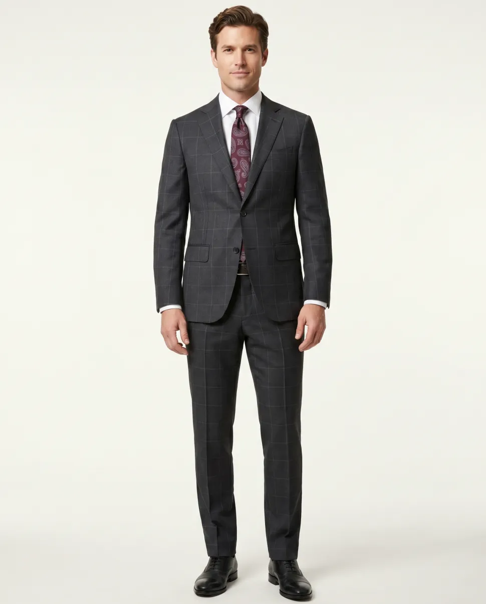 Napoli Slim Fit Charcoal Gray Windowpane Two Button Half Canvassed Wool Suit