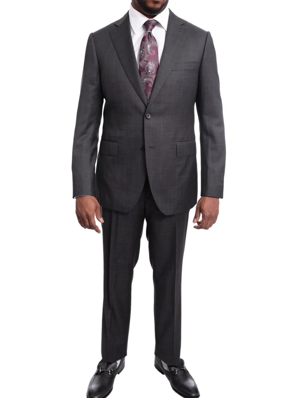 Napoli Slim Fit Charcoal Gray Windowpane Two Button Half Canvassed Wool Suit