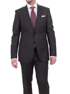 Napoli Slim Fit Charcoal Gray Plaid Half Canvassed Super 150's Wool Suit