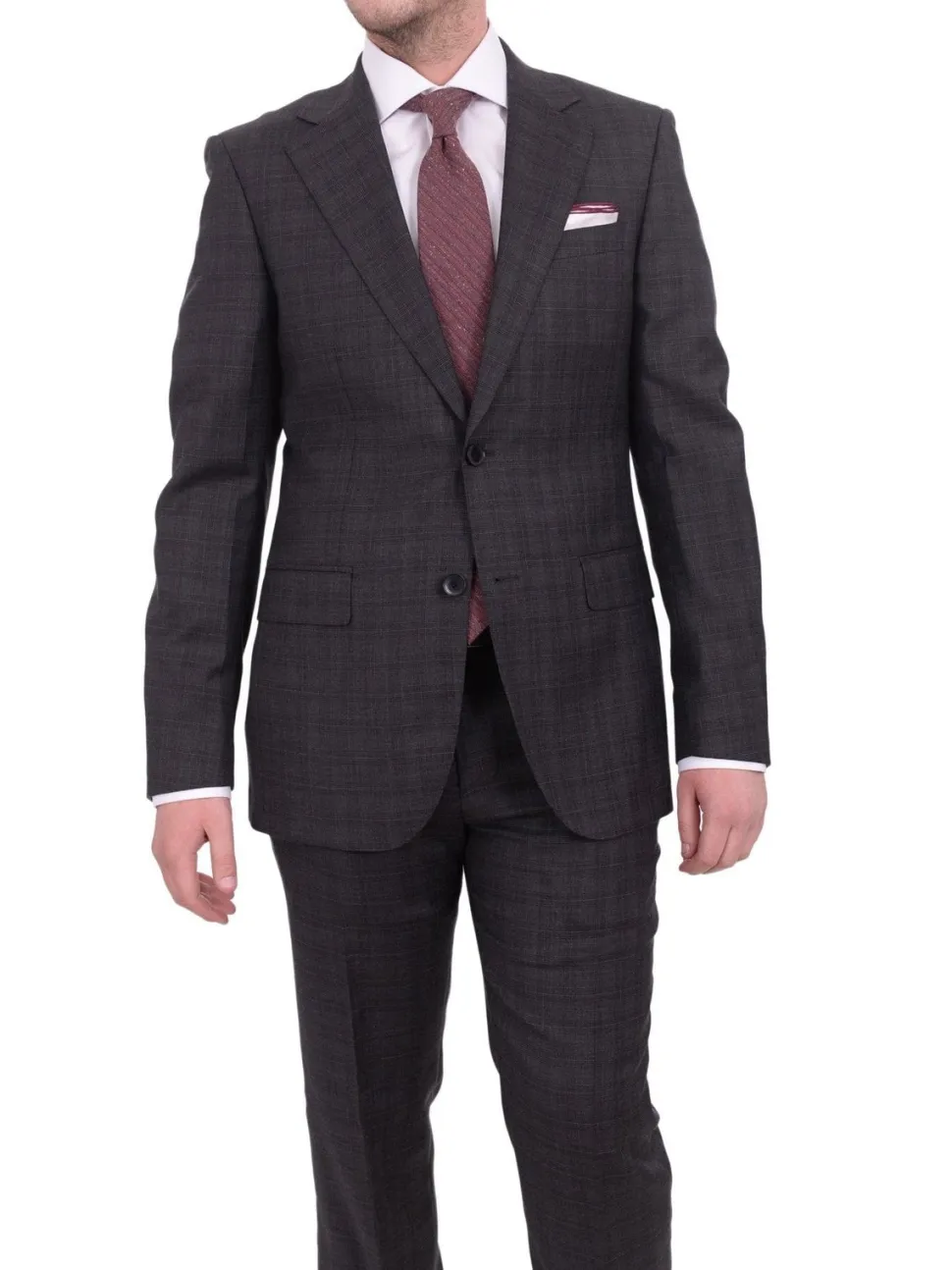 Napoli Slim Fit Charcoal Gray Plaid Half Canvassed Super 150's Wool Suit