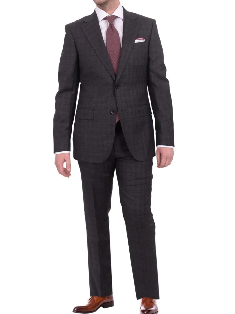 Napoli Slim Fit Charcoal Gray Plaid Half Canvassed Super 150's Wool Suit