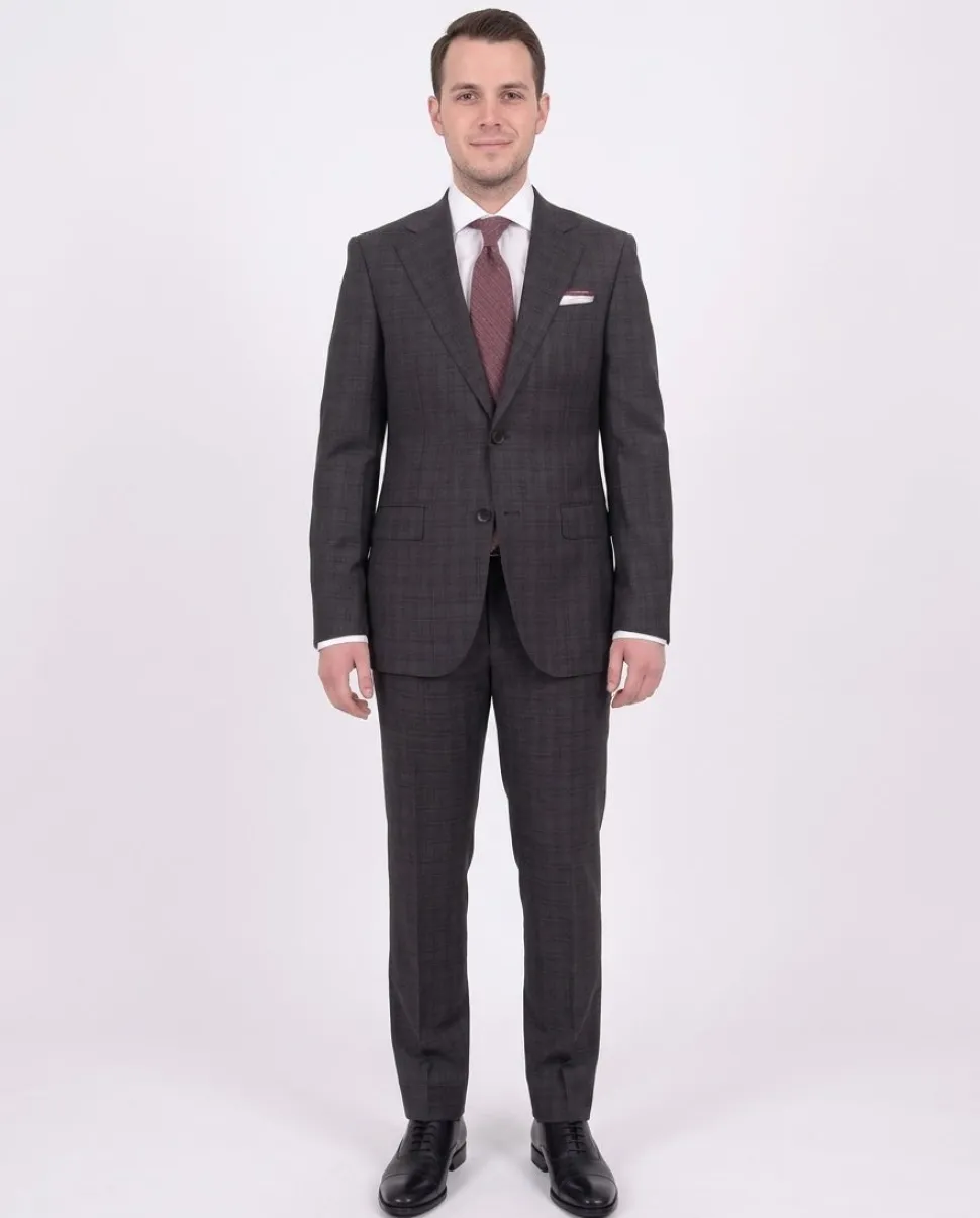 Napoli Slim Fit Charcoal Gray Plaid Half Canvassed Super 150's Wool Suit