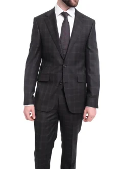 Napoli Slim Fit Charcoal Gray With Brown Plaid Half Canvassed Wool Suit
