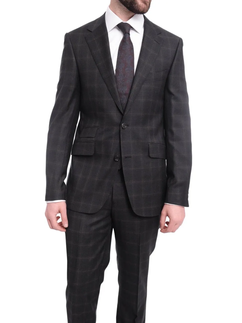 Napoli Slim Fit Charcoal Gray With Brown Plaid Half Canvassed Wool Suit