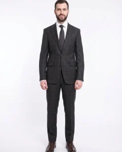Napoli Slim Fit Charcoal Gray With Brown Plaid Half Canvassed Wool Suit
