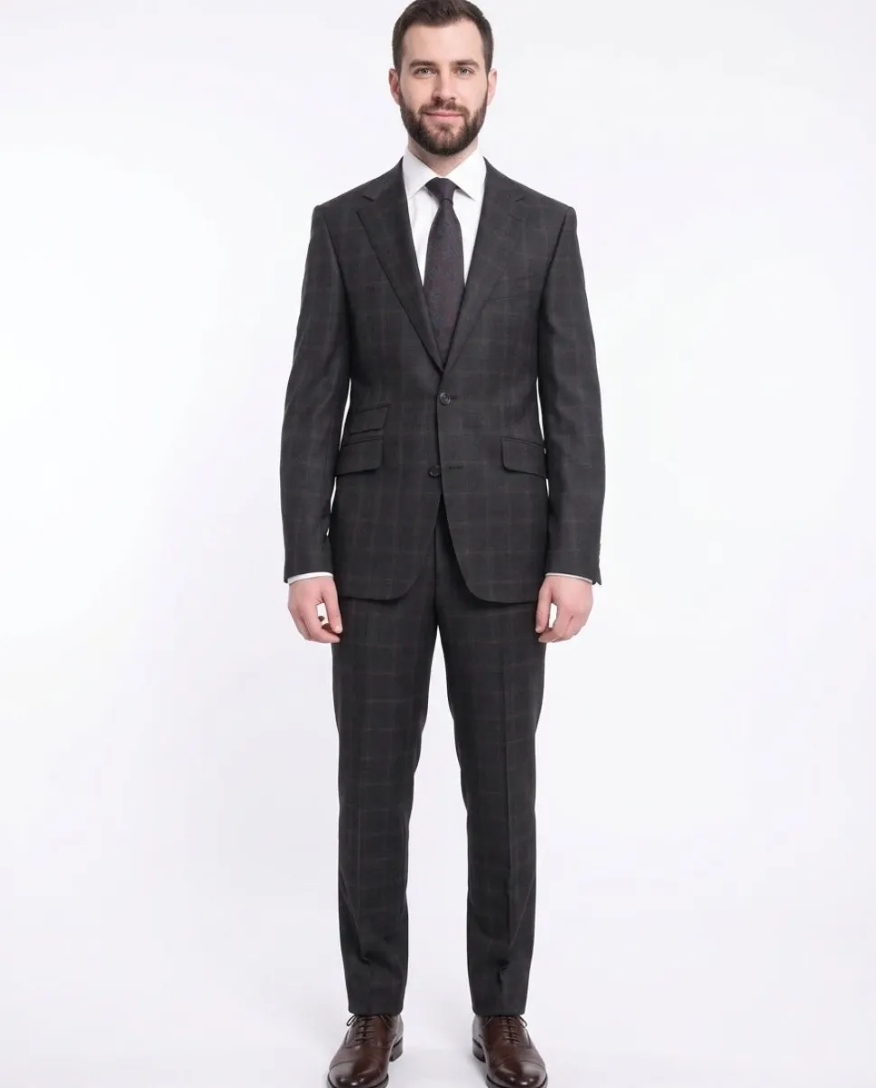 Napoli Slim Fit Charcoal Gray With Brown Plaid Half Canvassed Wool Suit