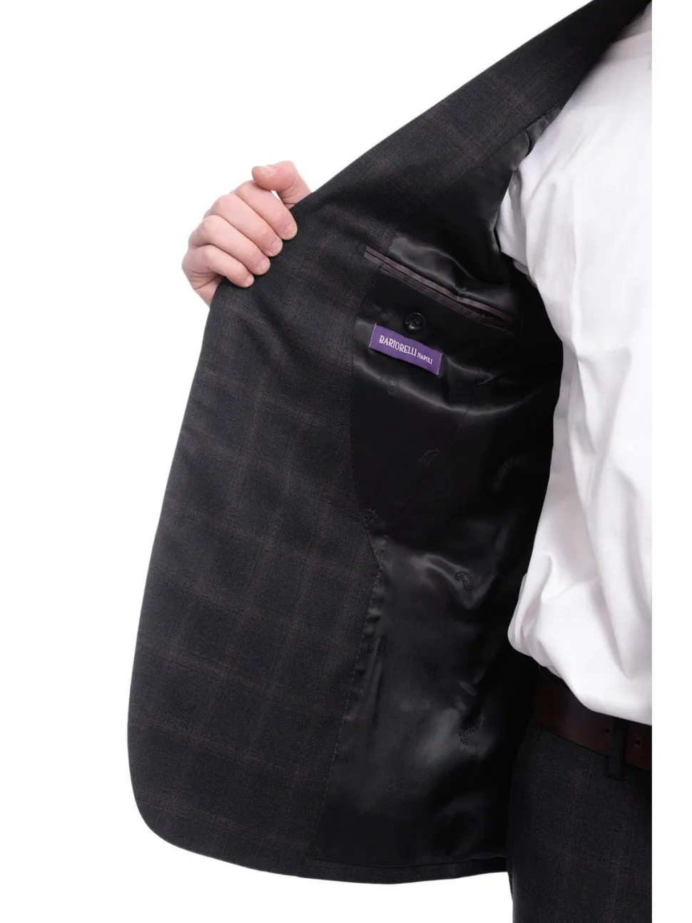 Napoli Slim Fit Charcoal Gray With Brown Plaid Half Canvassed Wool Suit