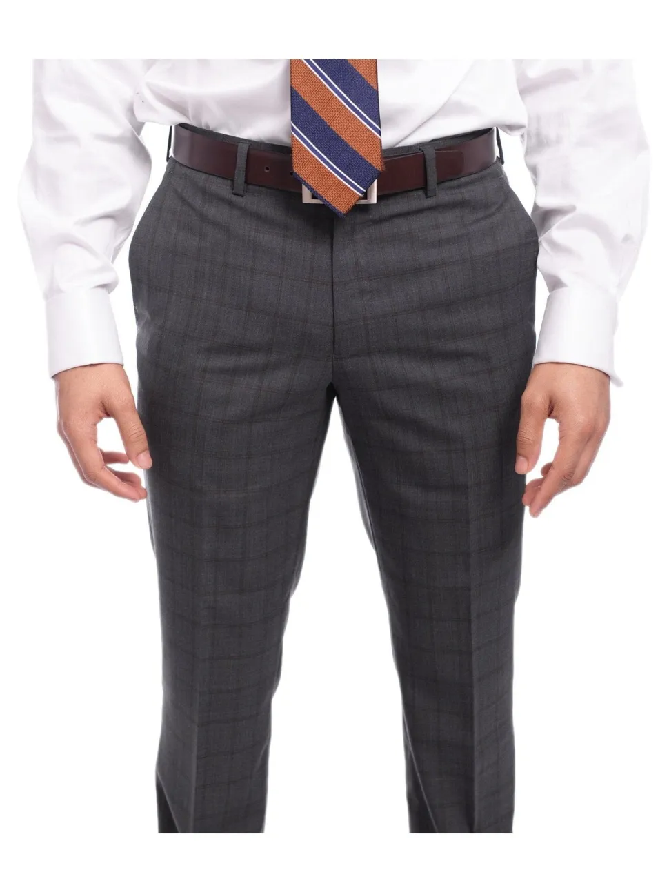 Napoli Slim Fit Charcoal Gray & Brown Plaid Half Canvassed Super 150s Wool Suit