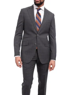 Napoli Slim Fit Charcoal Gray & Brown Plaid Half Canvassed Super 150s Wool Suit