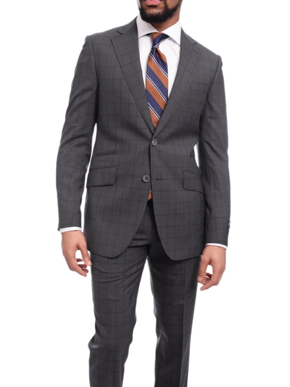 Napoli Slim Fit Charcoal Gray & Brown Plaid Half Canvassed Super 150s Wool Suit