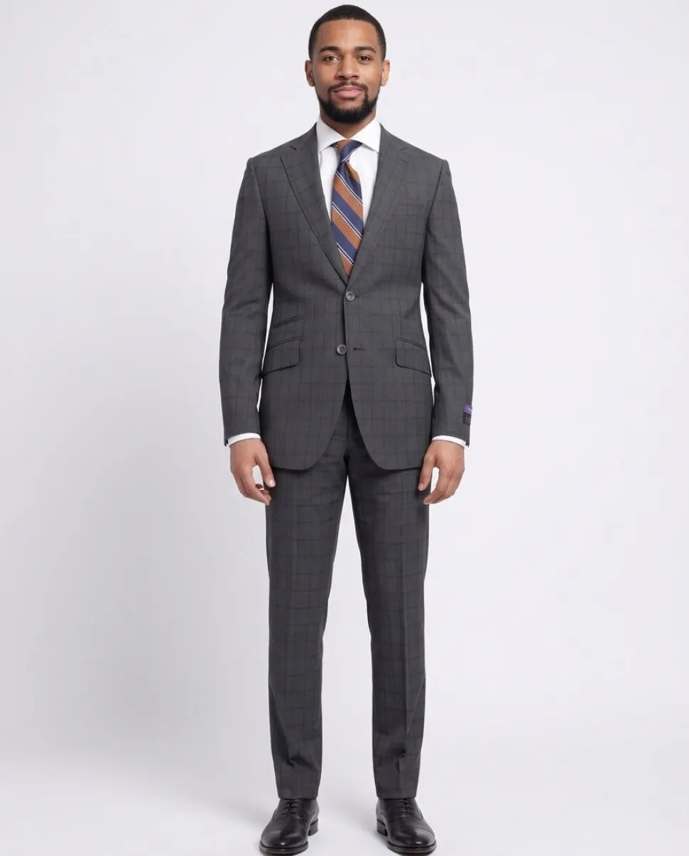 Napoli Slim Fit Charcoal Gray & Brown Plaid Half Canvassed Super 150s Wool Suit