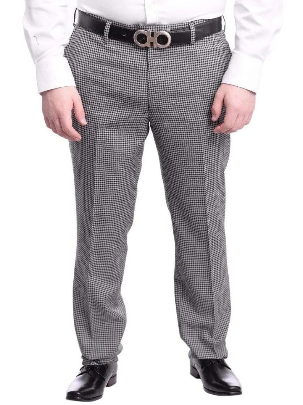Napoli Slim Fit Gray Black Check Flat Front Wool Dress Pants
