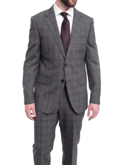 Napoli Slim Fit Gray & Blue Plaid Two Button Half Canvassed Wool Suit