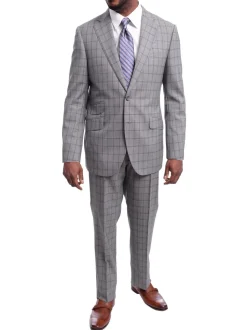 Napoli Slim Fit Gray & Blue Windowpane Plaid Half Canvassed Super 150s Wool Suit