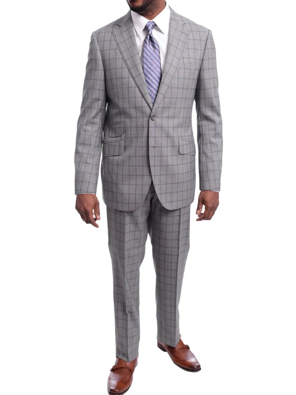 Napoli Slim Fit Gray & Blue Windowpane Plaid Half Canvassed Super 150s Wool Suit