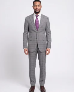 Napoli Slim Fit Gray & Blue Windowpane Plaid Half Canvassed Super 150s Wool Suit