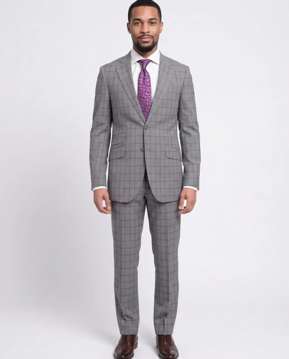 Napoli Slim Fit Gray & Blue Windowpane Plaid Half Canvassed Super 150s Wool Suit