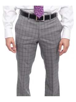 Napoli Slim Fit Gray & Blue Windowpane Plaid Half Canvassed Super 150s Wool Suit