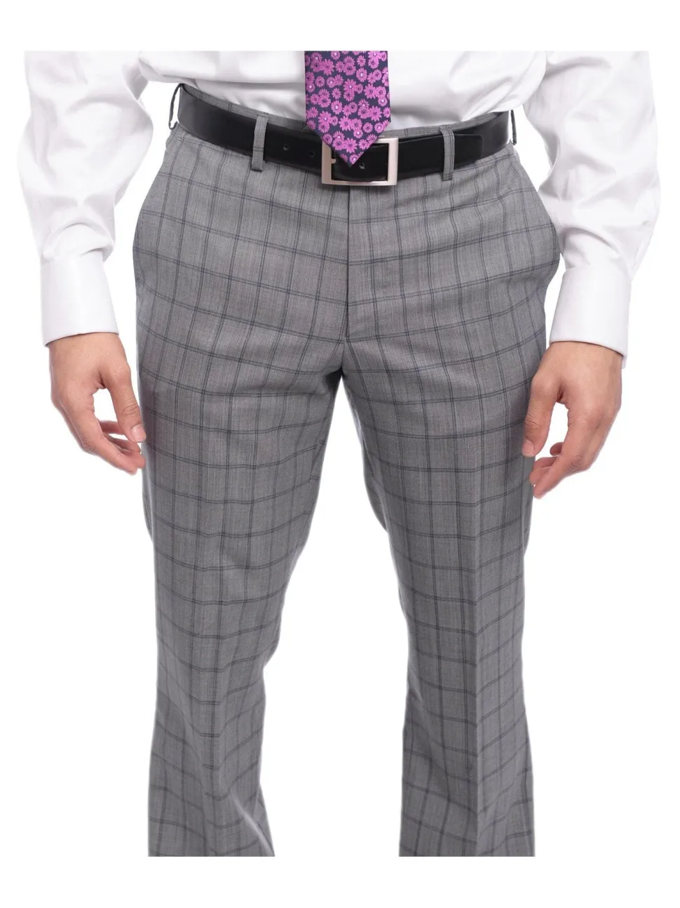 Napoli Slim Fit Gray & Blue Windowpane Plaid Half Canvassed Super 150s Wool Suit