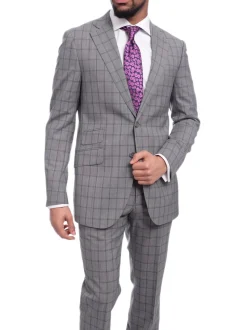 Napoli Slim Fit Gray & Blue Windowpane Plaid Half Canvassed Super 150s Wool Suit