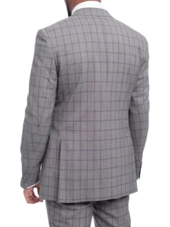 Napoli Slim Fit Gray & Blue Windowpane Plaid Half Canvassed Super 150s Wool Suit