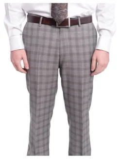 Napoli Slim Fit Gray Plaid Windowpane Half Canvassed Tallia Deflino Wool Suit