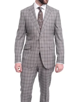 Napoli Slim Fit Gray Plaid Windowpane Half Canvassed Tallia Deflino Wool Suit