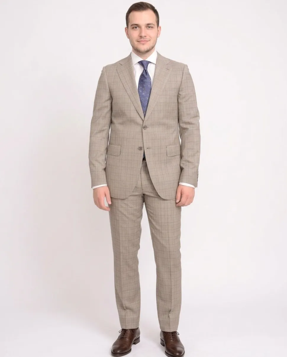 Napoli Slim Fit Light Brown Glen Plaid Half Canvassed Marzotto Wool Suit