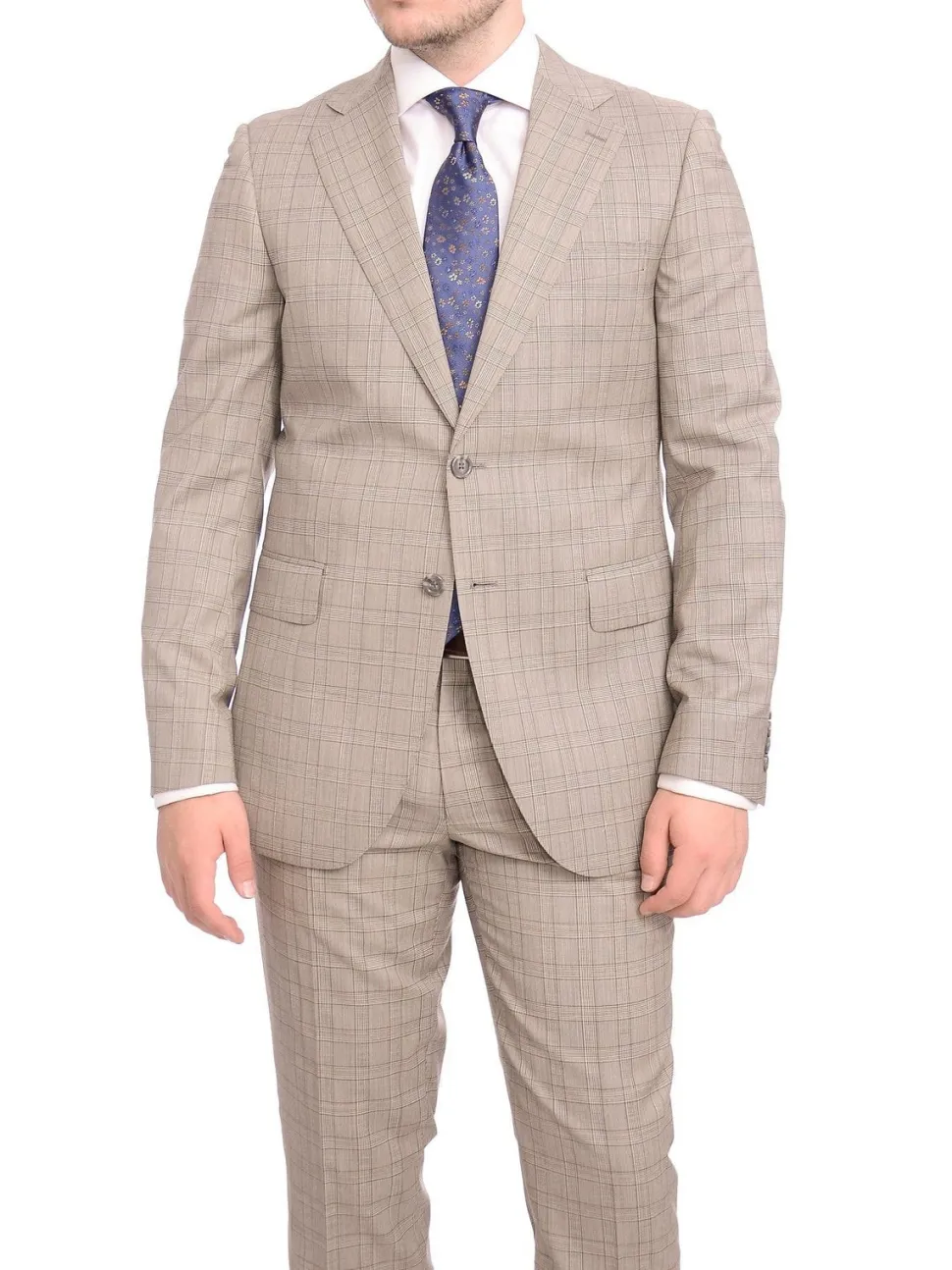 Napoli Slim Fit Light Brown Glen Plaid Half Canvassed Marzotto Wool Suit