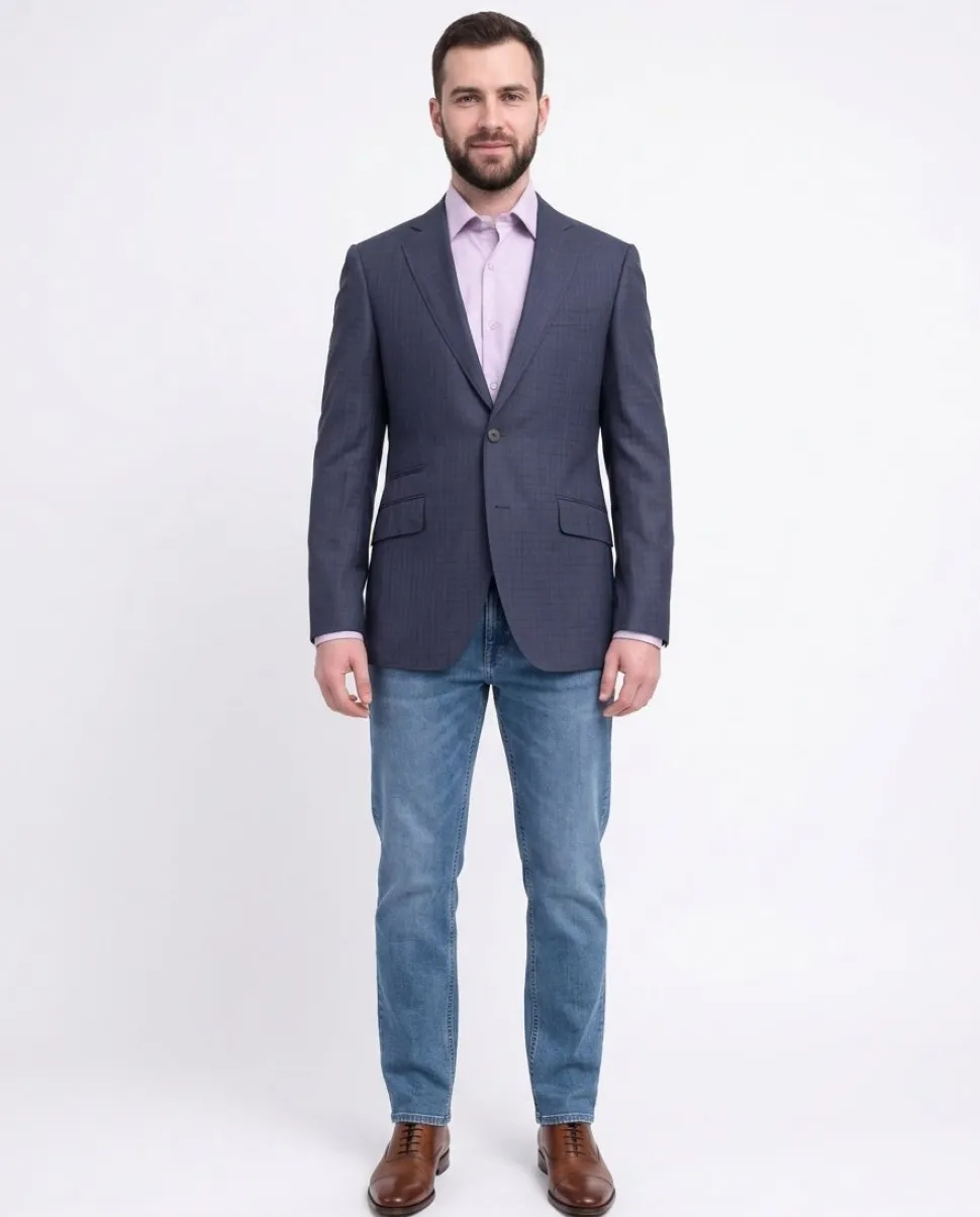 Napoli Slim Fit Navy Blue Check Half Canvassed Zegna Wool Blazer Sportcoat