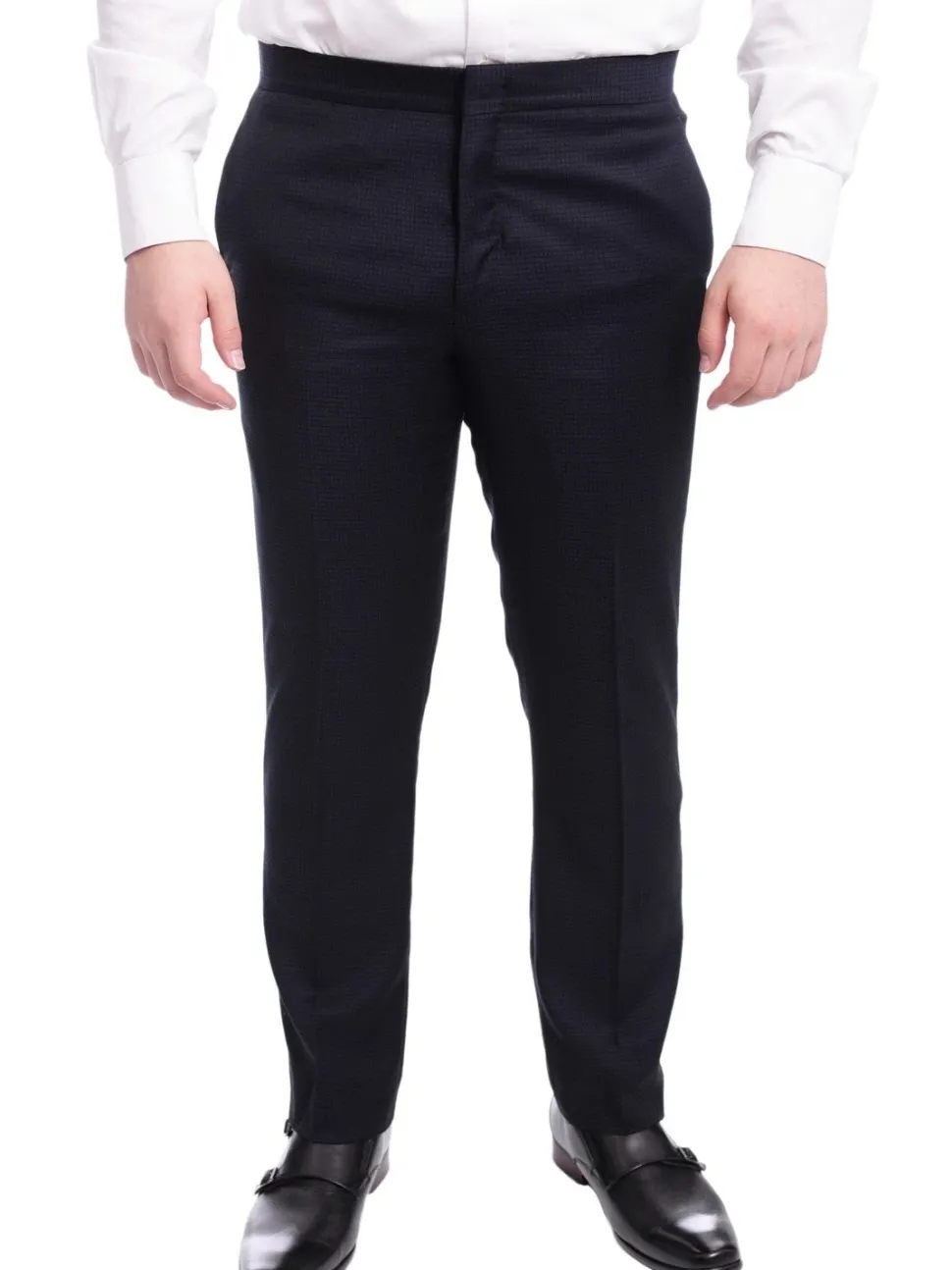 Napoli Slim Fit Navy Blue Check Two Button Wool Tuxedo Suit