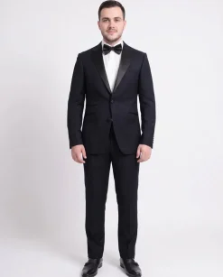 Napoli Slim Fit Navy Blue Check Two Button Wool Tuxedo Suit